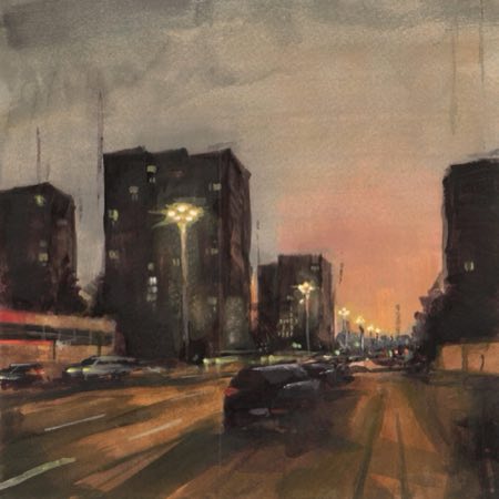Breite Straße – Gouache on paper – painting by Eduard Warkentin