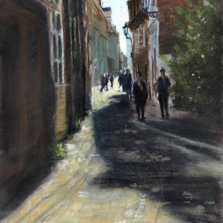 Alley in Lüneburg – Gouache & Oil Pastel on Paper – painting by Eduard Warkentin