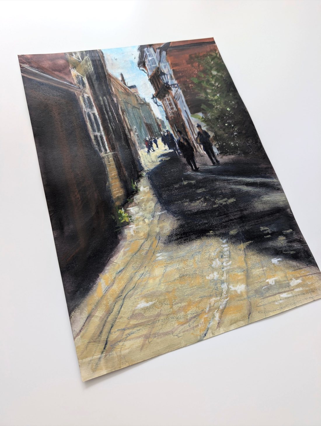 Alley in Lüneburg – Gouache & Oil Pastel on Paper – painting by Eduard Warkentin