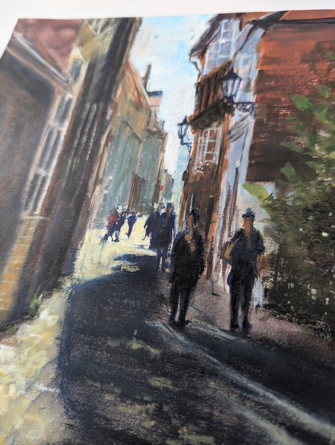 Alley in Lüneburg – Gouache & Oil Pastel on Paper – painting by Eduard Warkentin