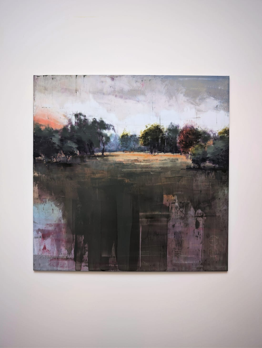 Park Landscape 02 by Eduard Warkentin – oil on aluminium dibond, 30 x 30 cm, shown frontally on a light wall