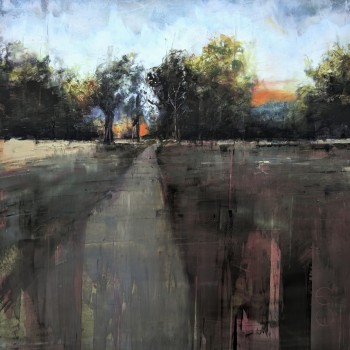 Ölgemälde aus dem Park Sanssouci: Weg zwischen Baumgruppen, orange Abendsonne hinter der Baumkante, abstrahierte Wiesenfläche