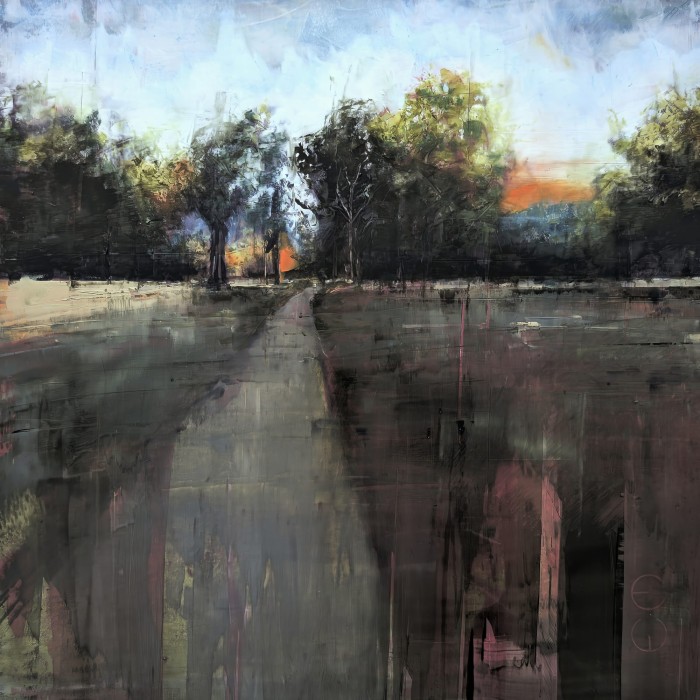 Ölgemälde aus dem Park Sanssouci: Weg zwischen Baumgruppen, orange Abendsonne hinter der Baumkante, abstrahierte Wiesenfläche