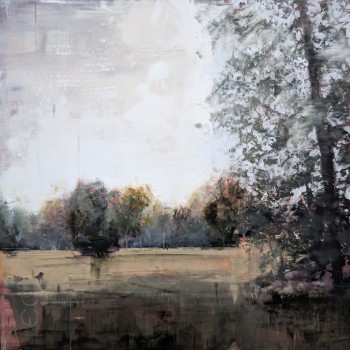 Ölgemälde aus dem Park Sanssouci: dichtes Laub am rechten Bildrand, offener heller Himmel, niedrige Baumreihe