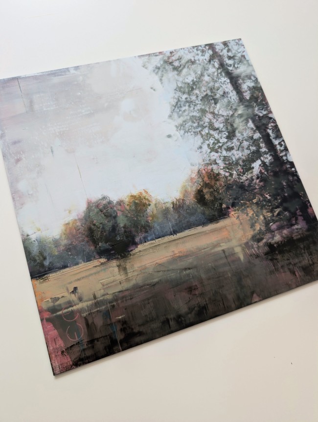 Parklandschaft 04 in Seitenansicht – Laubmasse am Bildrand und offener Himmel, Öl auf Alu-Dibond