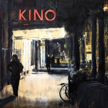 Ölgemälde einer Winternacht in Potsdam-Babelsberg: rotes Neonschild KINO über dem hell erleuchteten Foyer des Thalia, Silhouetten auf dem Gehweg