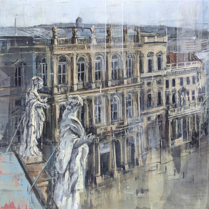 Ölgemälde der Fassade des Museum Barberini in Potsdam, gesehen vom Alten Rathaus, mit Skulpturen einer Balustrade im Vordergrund